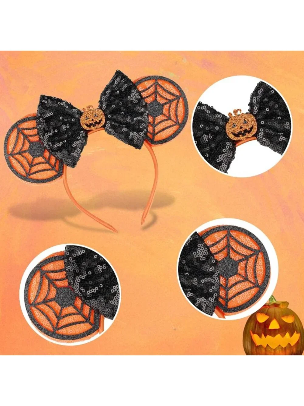 Women Orange Black Sequin Handmade Mickey Mouse Headband 2 Pieces